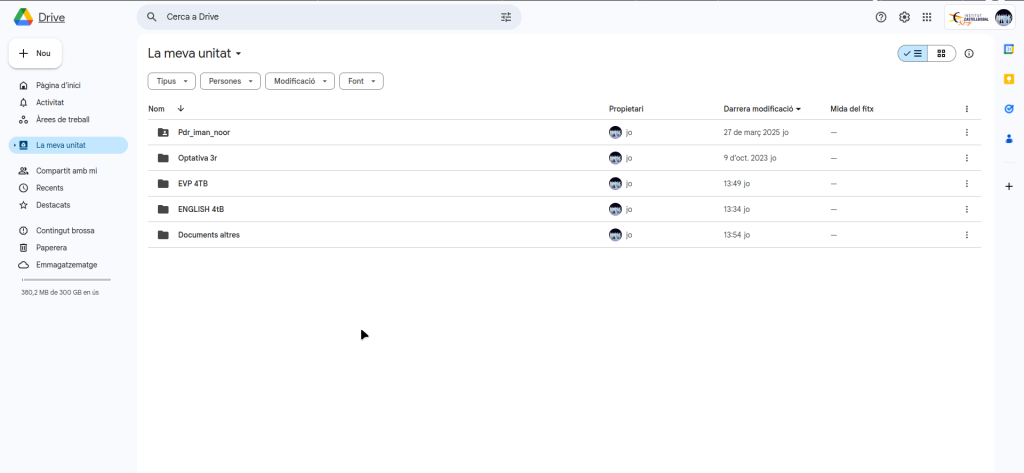 Vista de La Meva Unitat a Google Drive amb les carpetes principals