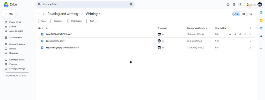 Documents dins la subcarpeta Writing d'ENGLISH 4tB