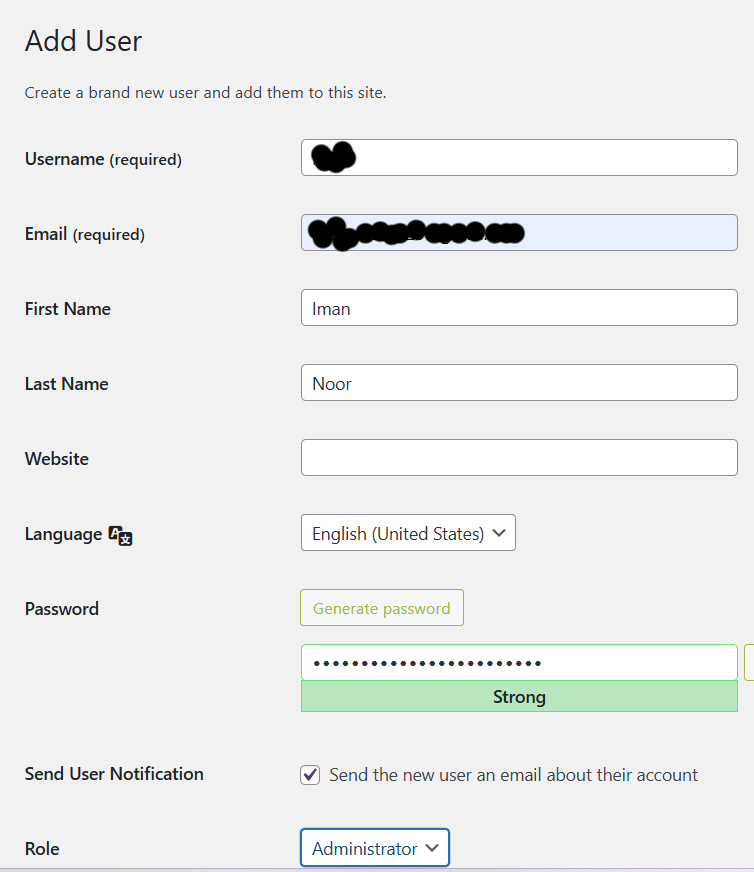 Formulari complet per afegir un nou usuari administrador a WordPress