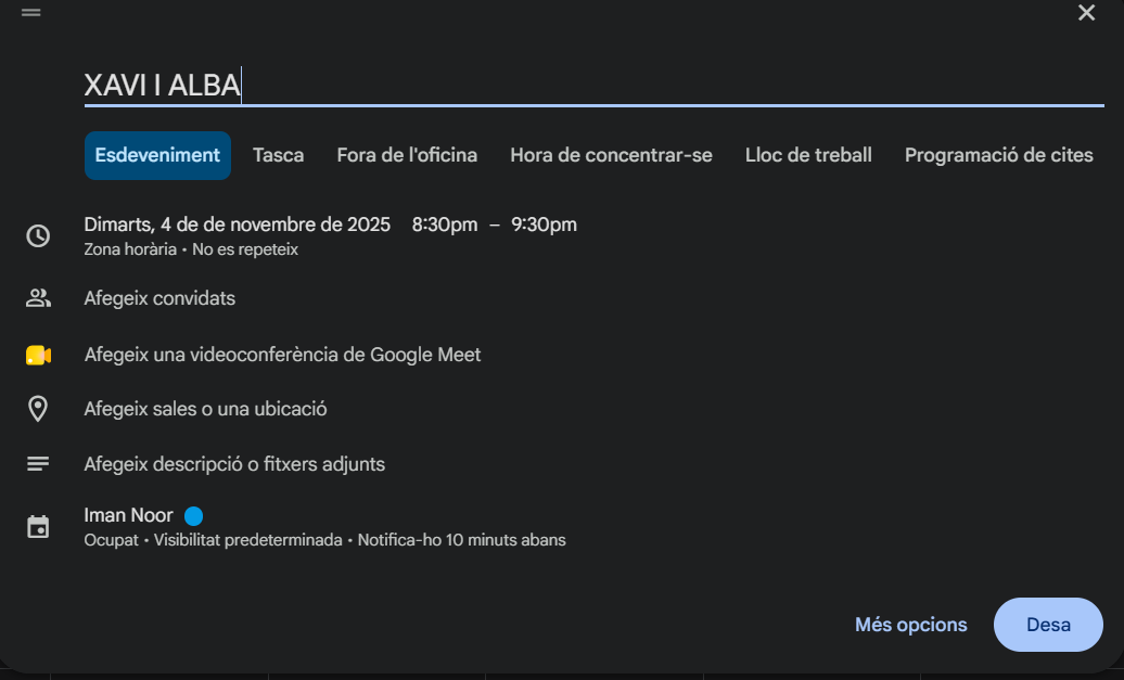 Evidència 4 – Google Calendar amb horari acadèmic