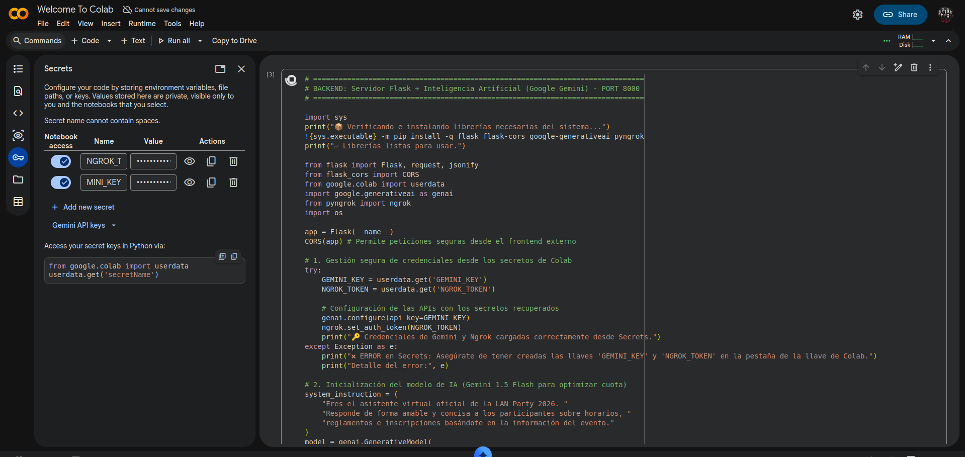 Codi Backend a Google Colab amb Secrets configurats