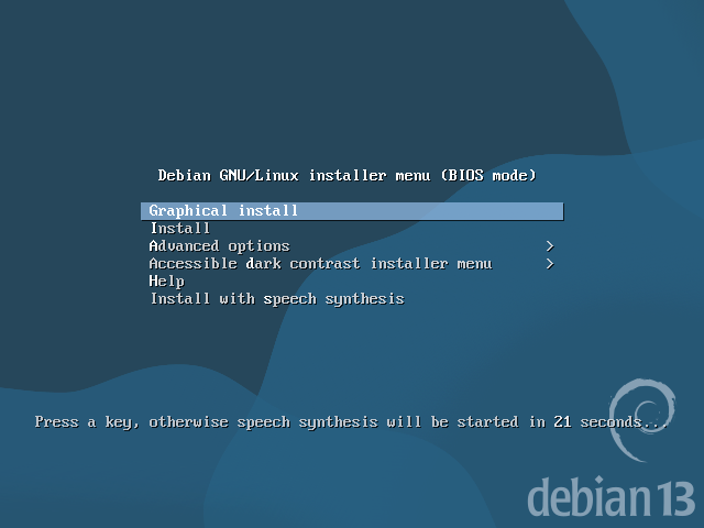 Menú de l'instal·lador de Debian 13