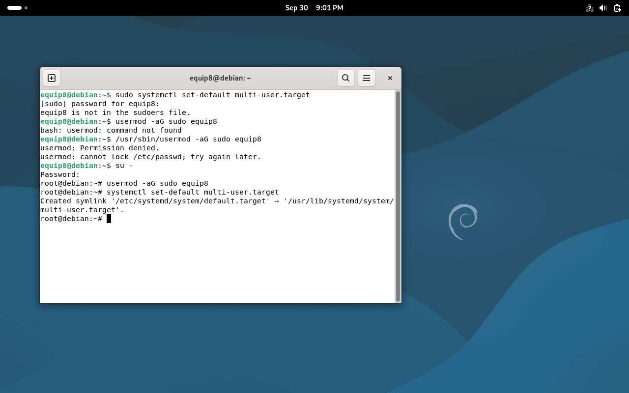 Terminal amb els errors de sudo i la solució
